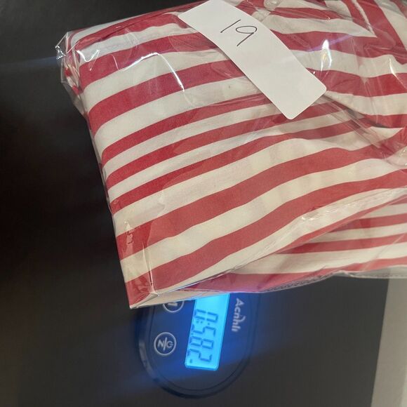 WHO WHAT WEAR red white stripe collared puff sleeve hidden buttons hi-lo hem LG - Picture 10 of 11